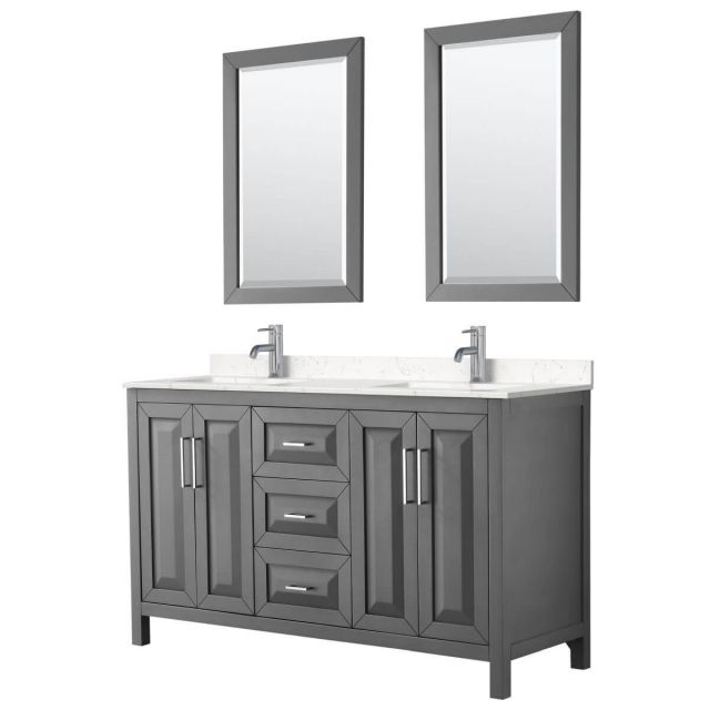 Wyndham Collection Daria 60 inch Double Bathroom Vanity in Dark Gray with Light-Vein Carrara Cultured Marble Countertop, Undermount Square Sinks and 24 inch Mirrors - WCV252560DKGC2UNSM24