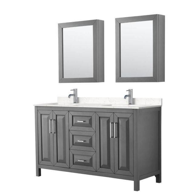 Wyndham Collection Daria 60 inch Double Bathroom Vanity in Dark Gray with Light-Vein Carrara Cultured Marble Countertop, Undermount Square Sinks and Medicine Cabinets - WCV252560DKGC2UNSMED