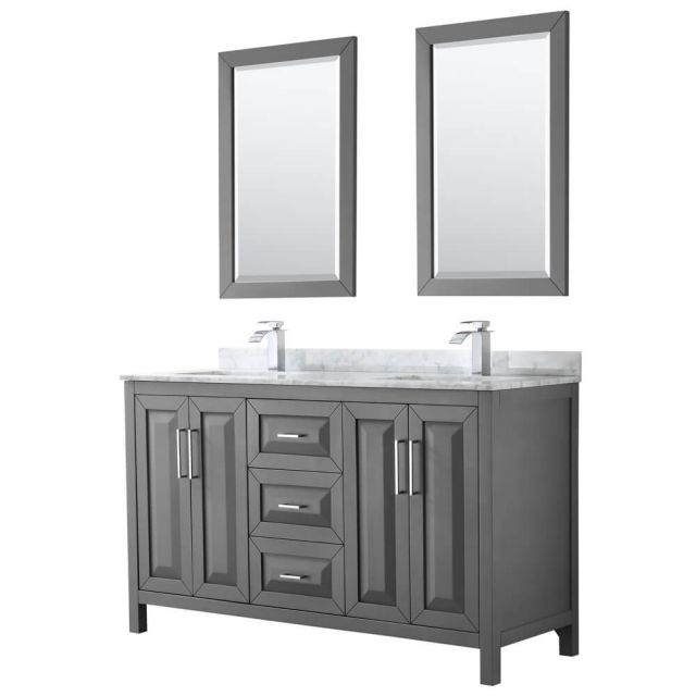Wyndham Collection Daria 60 inch Double Bath Vanity in Dark Gray, White Carrara Marble Countertop, Undermount Square Sinks, and 24 inch Mirrors - WCV252560DKGCMUNSM24