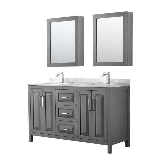 Wyndham Collection Daria 60 inch Double Bath Vanity in Dark Gray, White Carrara Marble Countertop, Undermount Square Sinks, and Medicine Cabinets - WCV252560DKGCMUNSMED