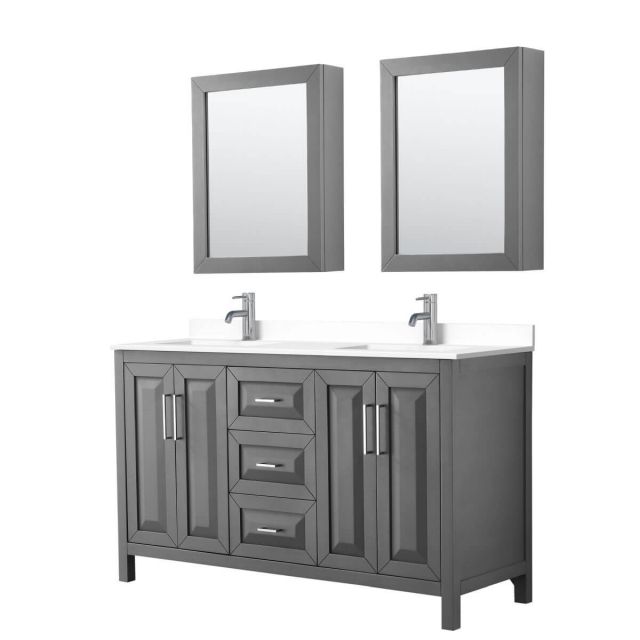 Wyndham Collection Daria 60 inch Double Bathroom Vanity in Dark Gray with White Cultured Marble Countertop, Undermount Square Sinks and Medicine Cabinets - WCV252560DKGWCUNSMED