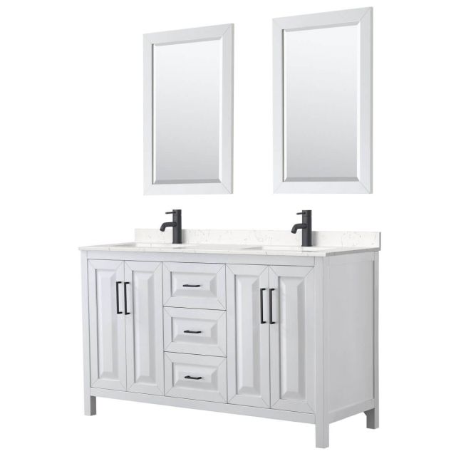 Wyndham Collection Daria 60 inch Double Bathroom Vanity in White with Light-Vein Carrara Cultured Marble Countertop, Undermount Square Sinks, Matte Black Trim and 24 Inch Mirrors WCV252560DWBC2UNSM24