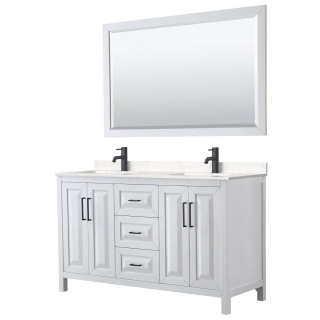 Wyndham Collection Daria 60 inch Double Bathroom Vanity in White with Light-Vein Carrara Cultured Marble Countertop, Undermount Square Sinks, Matte Black Trim and 58 Inch Mirror WCV252560DWBC2UNSM58
