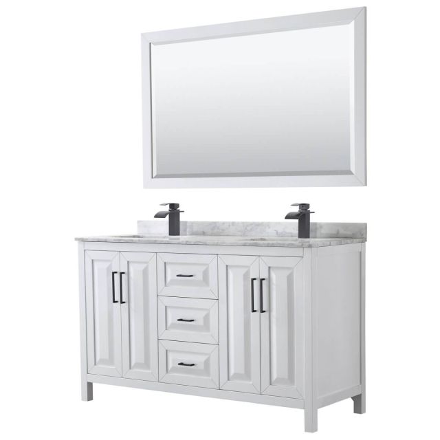 Wyndham Collection Daria 60 inch Double Bathroom Vanity in White with White Carrara Marble Countertop, Undermount Square Sinks, Matte Black Trim and 58 Inch Mirror WCV252560DWBCMUNSM58