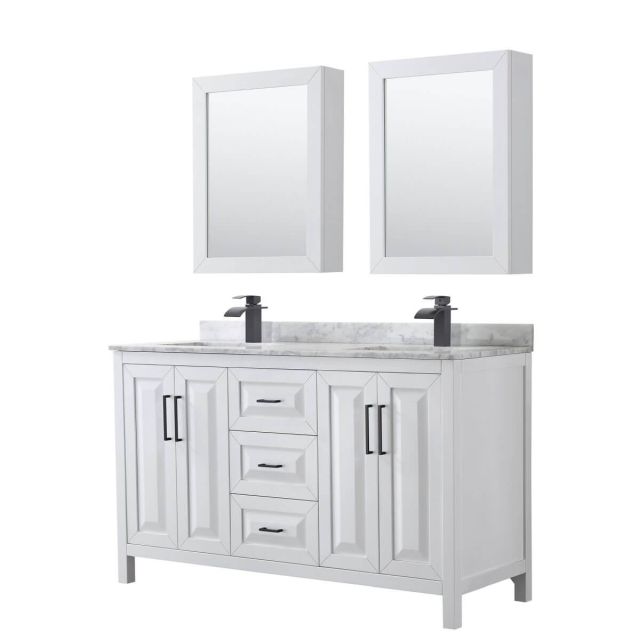 Wyndham Collection Daria 60 inch Double Bathroom Vanity in White with White Carrara Marble Countertop, Undermount Square Sinks, Matte Black Trim and Medicine Cabinets WCV252560DWBCMUNSMED