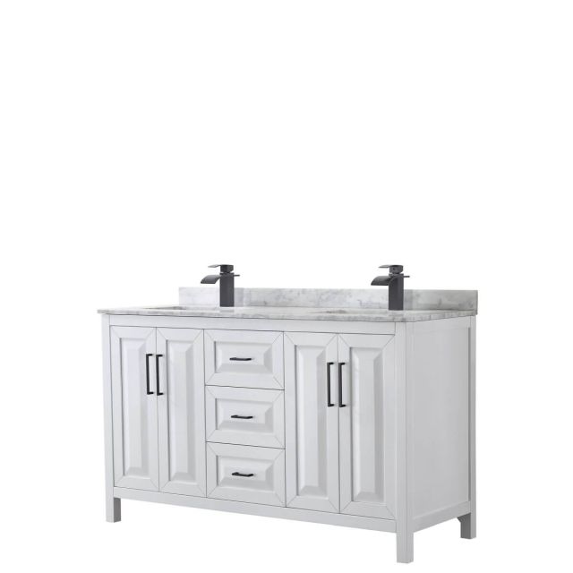 Wyndham Collection Daria 60 inch Double Bathroom Vanity in White with White Carrara Marble Countertop, Undermount Square Sinks and Matte Black Trim WCV252560DWBCMUNSMXX