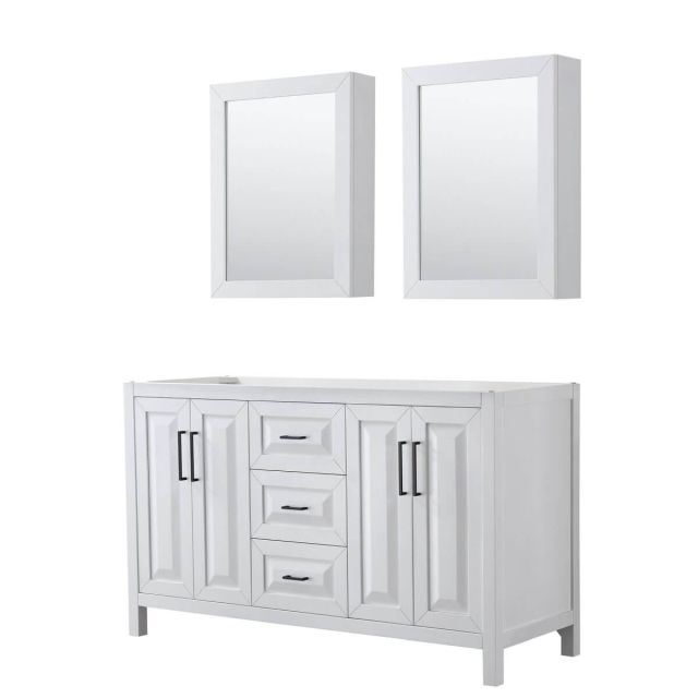 Wyndham Collection Daria 60 inch Double Bathroom Vanity in White with Matte Black Trim, Medicine Cabinets, No Countertop and No Sink WCV252560DWBCXSXXMED