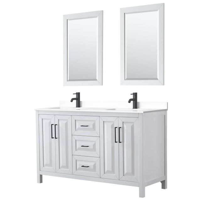 Wyndham Collection Daria 60 inch Double Bathroom Vanity in White with White Cultured Marble Countertop, Undermount Square Sinks, Matte Black Trim and 24 Inch Mirrors WCV252560DWBWCUNSM24