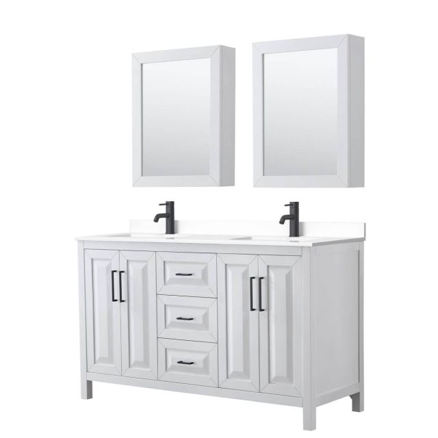 Wyndham Collection Daria 60 inch Double Bathroom Vanity in White with White Cultured Marble Countertop, Undermount Square Sinks, Matte Black Trim and Medicine Cabinets WCV252560DWBWCUNSMED