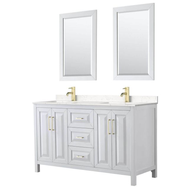 Wyndham Collection Daria 60 inch Double Bathroom Vanity in White with Light-Vein Carrara Cultured Marble Countertop, Undermount Square Sinks, 24 inch Mirrors and Brushed Gold Trim - WCV252560DWGC2UNSM24