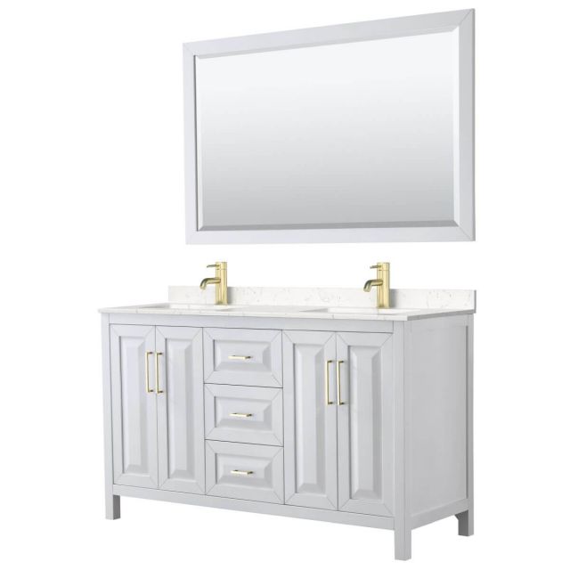 Wyndham Collection Daria 60 inch Double Bathroom Vanity in White with Light-Vein Carrara Cultured Marble Countertop, Undermount Square Sinks, 58 inch Mirror and Brushed Gold Trim - WCV252560DWGC2UNSM58