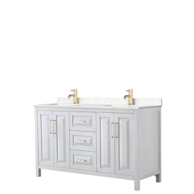 Wyndham Collection Daria 60 inch Double Bathroom Vanity in White with Light-Vein Carrara Cultured Marble Countertop, Undermount Square Sinks and Brushed Gold Trim - WCV252560DWGC2UNSMXX