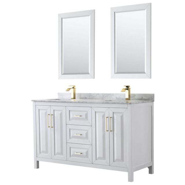 Wyndham Collection Daria 60 inch Double Bathroom Vanity in White with White Carrara Marble Countertop, Undermount Square Sinks, 24 inch Mirrors and Brushed Gold Trim - WCV252560DWGCMUNSM24