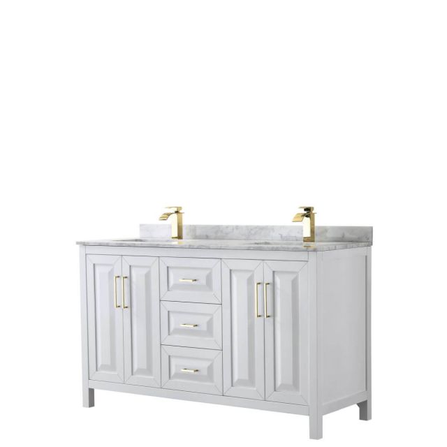 Wyndham Collection Daria 60 inch Double Bathroom Vanity in White with White Carrara Marble Countertop, Undermount Square Sinks and Brushed Gold Trim - WCV252560DWGCMUNSMXX