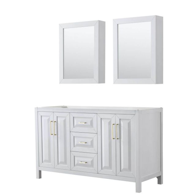 Wyndham Collection Daria 60 inch Double Bathroom Vanity in White with Medicine Cabinets, Brushed Gold Trim, No Countertop and No Sink - WCV252560DWGCXSXXMED