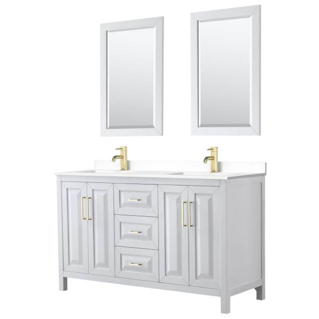 Wyndham Collection Daria 60 inch Double Bathroom Vanity in White with White Cultured Marble Countertop, Undermount Square Sinks, 24 inch Mirrors and Brushed Gold Trim - WCV252560DWGWCUNSM24