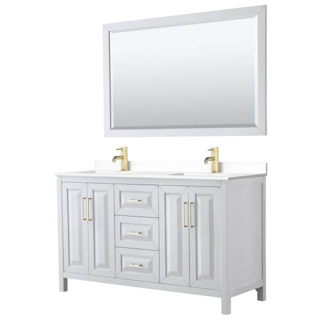 Wyndham Collection Daria 60 inch Double Bathroom Vanity in White with White Cultured Marble Countertop, Undermount Square Sinks, 58 inch Mirror and Brushed Gold Trim - WCV252560DWGWCUNSM58