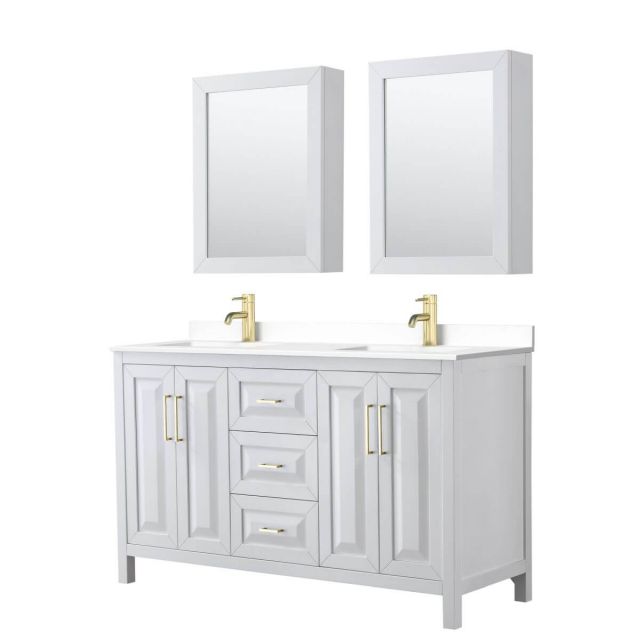 Wyndham Collection Daria 60 inch Double Bathroom Vanity in White with White Cultured Marble Countertop, Undermount Square Sinks, Medicine Cabinets and Brushed Gold Trim - WCV252560DWGWCUNSMED