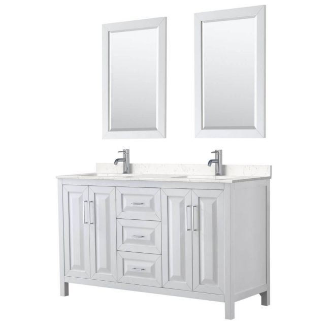 Wyndham Collection Daria 60 inch Double Bathroom Vanity in White with Light-Vein Carrara Cultured Marble Countertop, Undermount Square Sinks and 24 inch Mirrors - WCV252560DWHC2UNSM24
