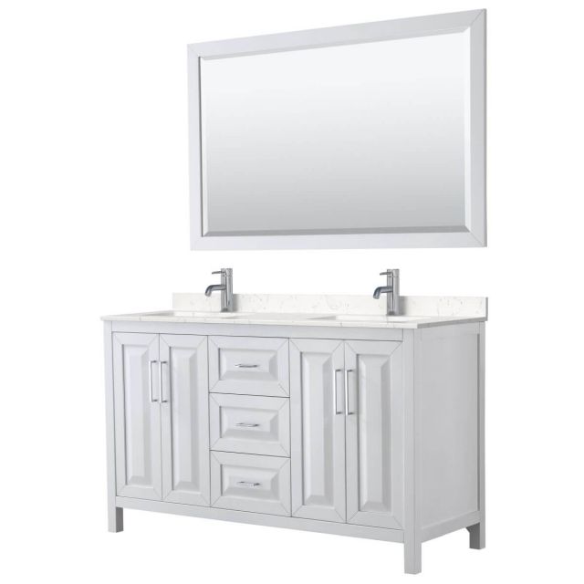 Wyndham Collection Daria 60 inch Double Bathroom Vanity in White with Light-Vein Carrara Cultured Marble Countertop, Undermount Square Sinks and 58 inch Mirror - WCV252560DWHC2UNSM58