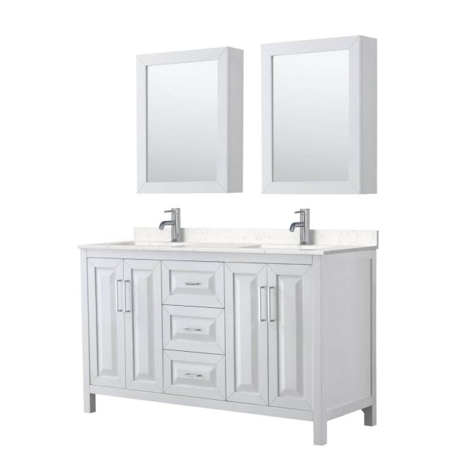 Wyndham Collection Daria 60 inch Double Bathroom Vanity in White with Light-Vein Carrara Cultured Marble Countertop, Undermount Square Sinks and Medicine Cabinets - WCV252560DWHC2UNSMED