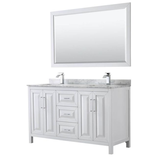 Wyndham Collection Daria 60 inch Double Bath Vanity in White, White Carrara Marble Countertop, Undermount Square Sinks, and 58 inch Mirror - WCV252560DWHCMUNSM58