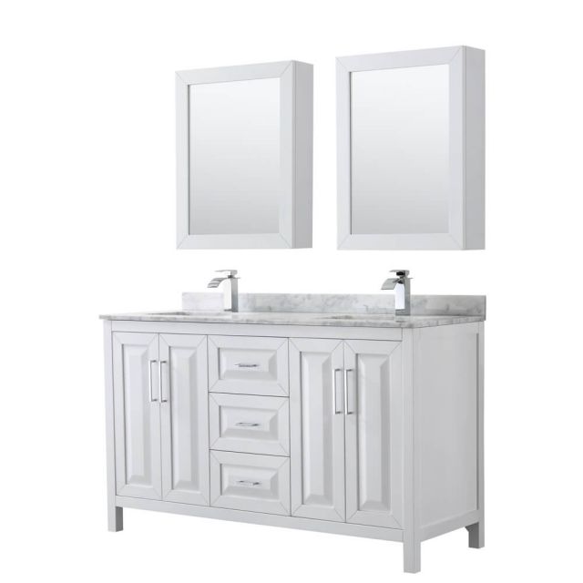 Wyndham Collection Daria 60 inch Double Bath Vanity in White, White Carrara Marble Countertop, Undermount Square Sinks, and Medicine Cabinets - WCV252560DWHCMUNSMED