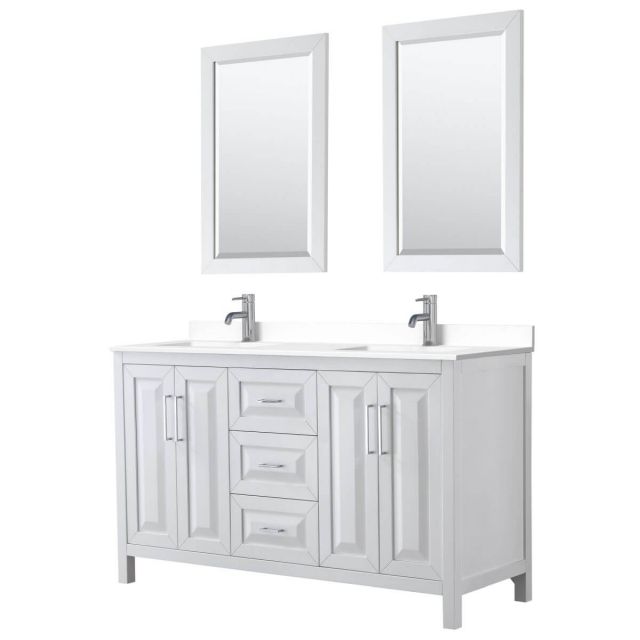 Wyndham Collection Daria 60 inch Double Bathroom Vanity in White with White Cultured Marble Countertop, Undermount Square Sinks and 24 inch Mirrors - WCV252560DWHWCUNSM24