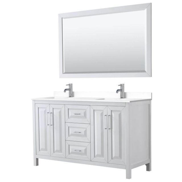 Wyndham Collection Daria 60 inch Double Bathroom Vanity in White with White Cultured Marble Countertop, Undermount Square Sinks and 58 inch Mirror - WCV252560DWHWCUNSM58