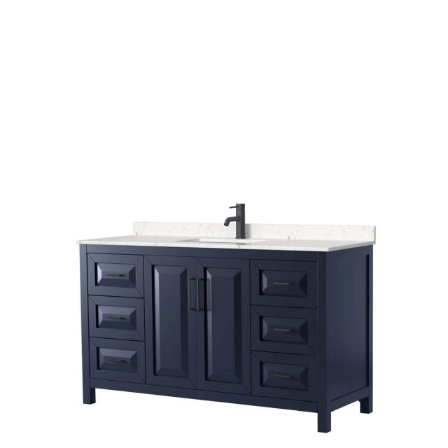 Wyndham Collection Daria 60 inch Single Bathroom Vanity in Dark Blue with Light-Vein Carrara Cultured Marble Countertop, Undermount Square Sink and Matte Black Trim WCV252560SBBC2UNSMXX