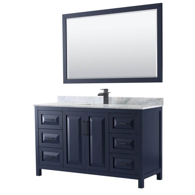 Wyndham Collection Daria 60 inch Single Bathroom Vanity in Dark Blue with White Carrara Marble Countertop, Undermount Square Sink, Matte Black Trim and 58 Inch Mirror WCV252560SBBCMUNSM58