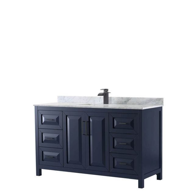 Wyndham Collection Daria 60 inch Single Bathroom Vanity in Dark Blue with White Carrara Marble Countertop, Undermount Square Sink and Matte Black Trim WCV252560SBBCMUNSMXX