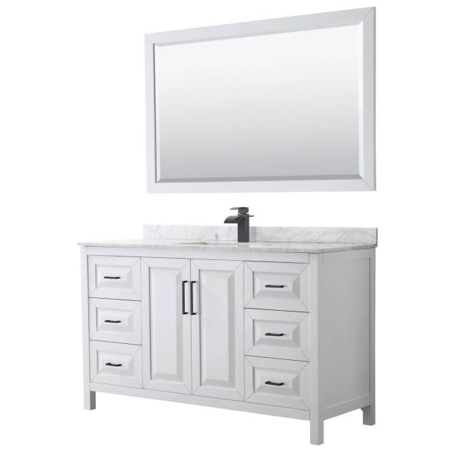 Wyndham Collection Daria 60 inch Single Bathroom Vanity in White with White Carrara Marble Countertop, Undermount Square Sink, Matte Black Trim and 58 Inch Mirror WCV252560SWBCMUNSM58