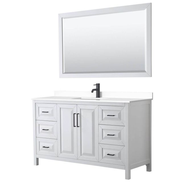 Wyndham Collection Daria 60 inch Single Bathroom Vanity in White with White Cultured Marble Countertop, Undermount Square Sink, Matte Black Trim and 58 Inch Mirror WCV252560SWBWCUNSM58