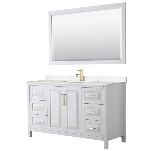 Wyndham Collection Daria 60 inch Single Bathroom Vanity in White with Light-Vein Carrara Cultured Marble Countertop, Undermount Square Sink, 58 inch Mirror and Brushed Gold Trim - WCV252560SWGC2UNSM58