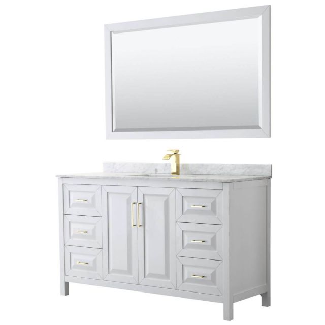 Wyndham Collection Daria 60 inch Single Bathroom Vanity in White with White Carrara Marble Countertop, Undermount Square Sink, 58 inch Mirror and Brushed Gold Trim - WCV252560SWGCMUNSM58