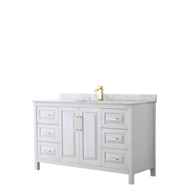 Wyndham Collection Daria 60 inch Single Bathroom Vanity in White with White Carrara Marble Countertop, Undermount Square Sink and Brushed Gold Trim - WCV252560SWGCMUNSMXX