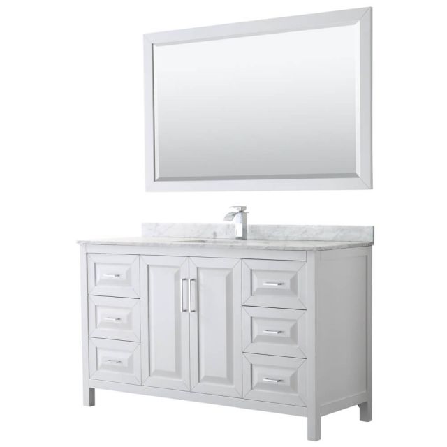 Wyndham Collection Daria 60 inch Single Bath Vanity in White, White Carrara Marble Countertop, Undermount Square Sink, and 58 inch Mirror - WCV252560SWHCMUNSM58
