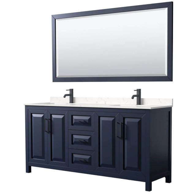 Wyndham Collection Daria 72 inch Double Bathroom Vanity in Dark Blue with Light-Vein Carrara Cultured Marble Countertop, Undermount Square Sinks, Matte Black Trim and 70 Inch Mirror WCV252572DBBC2UNSM70