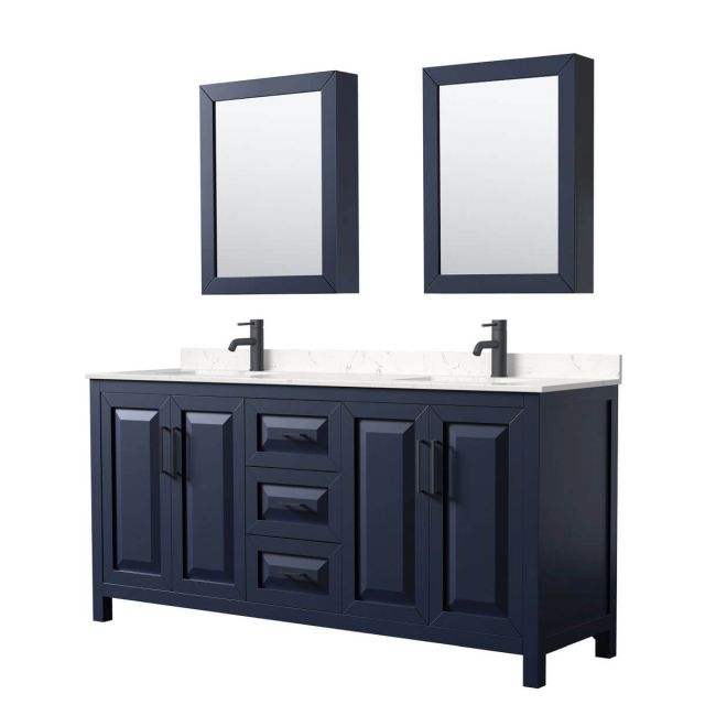 Wyndham Collection Daria 72 inch Double Bathroom Vanity in Dark Blue with Light-Vein Carrara Cultured Marble Countertop, Undermount Square Sinks, Matte Black Trim and Medicine Cabinets WCV252572DBBC2UNSMED