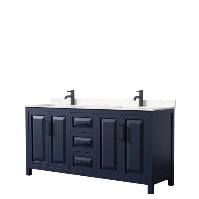Wyndham Collection Daria 72 inch Double Bathroom Vanity in Dark Blue with Light-Vein Carrara Cultured Marble Countertop, Undermount Square Sinks and Matte Black Trim WCV252572DBBC2UNSMXX