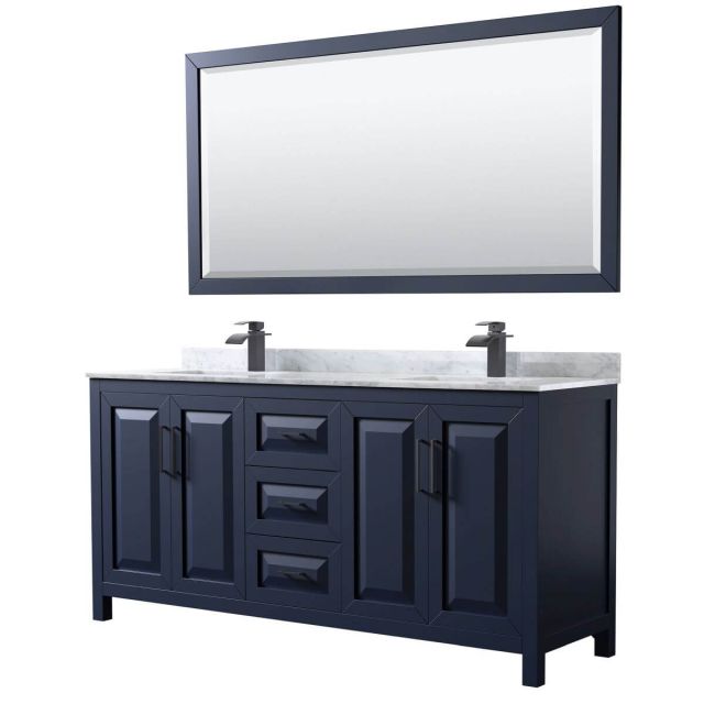 Wyndham Collection Daria 72 inch Double Bathroom Vanity in Dark Blue with White Carrara Marble Countertop, Undermount Square Sinks, Matte Black Trim and 70 Inch Mirror WCV252572DBBCMUNSM70