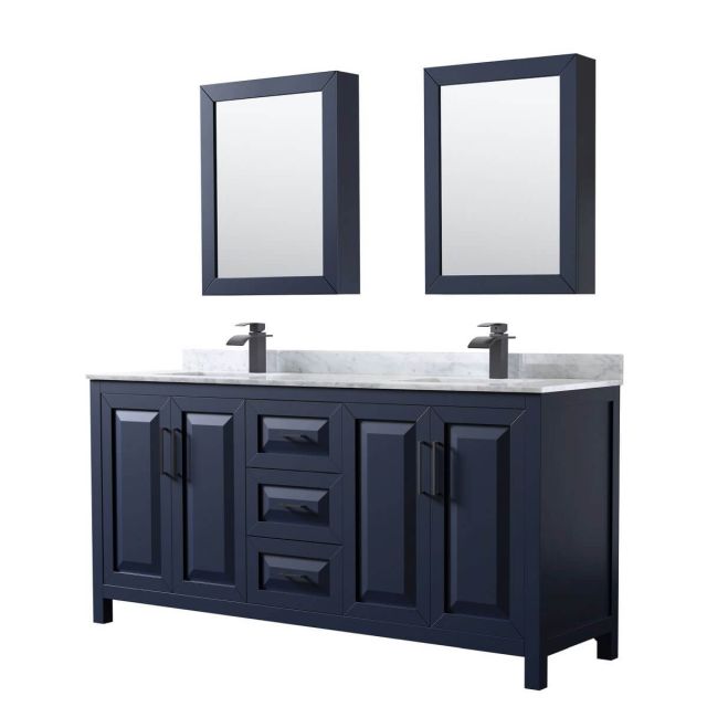 Wyndham Collection Daria 72 inch Double Bathroom Vanity in Dark Blue with White Carrara Marble Countertop, Undermount Square Sinks, Matte Black Trim and Medicine Cabinets WCV252572DBBCMUNSMED