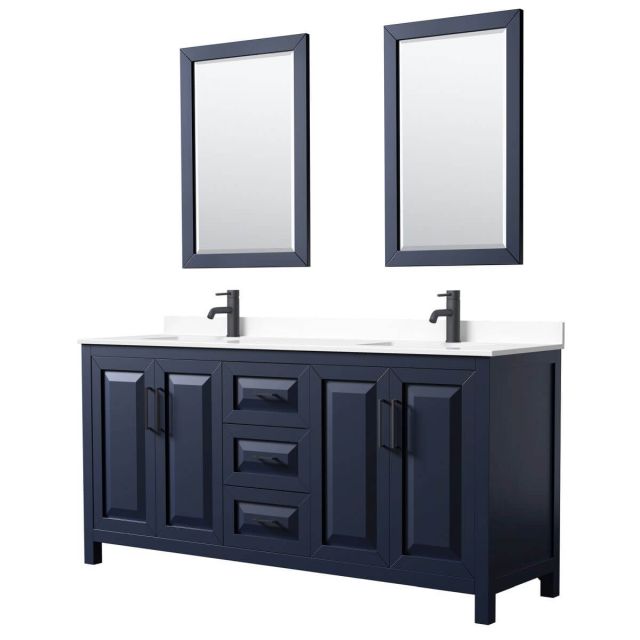 Wyndham Collection Daria 72 inch Double Bathroom Vanity in Dark Blue with White Cultured Marble Countertop, Undermount Square Sinks, Matte Black Trim and 24 Inch Mirrors WCV252572DBBWCUNSM24