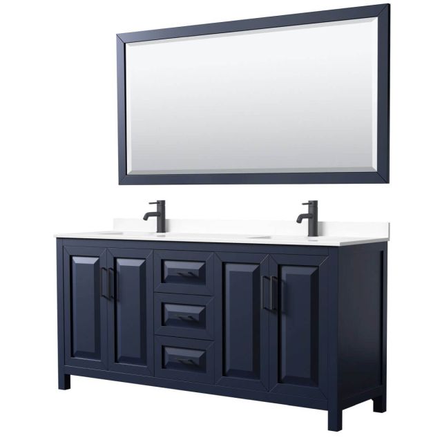 Wyndham Collection Daria 72 inch Double Bathroom Vanity in Dark Blue with White Cultured Marble Countertop, Undermount Square Sinks, Matte Black Trim and 70 Inch Mirror WCV252572DBBWCUNSM70