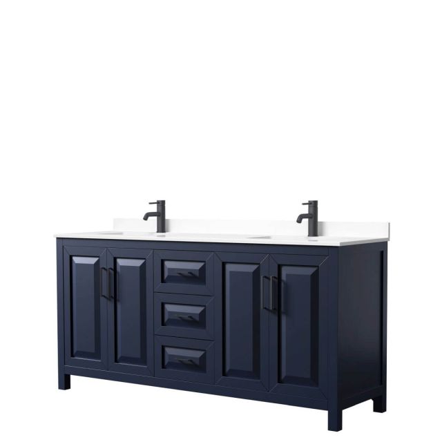 Wyndham Collection Daria 72 inch Double Bathroom Vanity in Dark Blue with White Cultured Marble Countertop, Undermount Square Sinks and Matte Black Trim WCV252572DBBWCUNSMXX