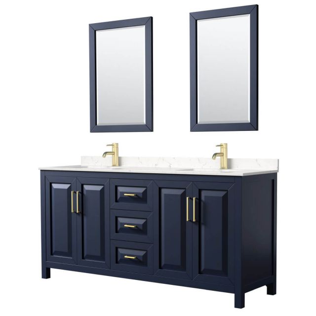 Wyndham Collection Daria 72 inch Double Bathroom Vanity in Dark Blue with Light-Vein Carrara Cultured Marble Countertop, Undermount Square Sinks and 24 inch Mirrors - WCV252572DBLC2UNSM24