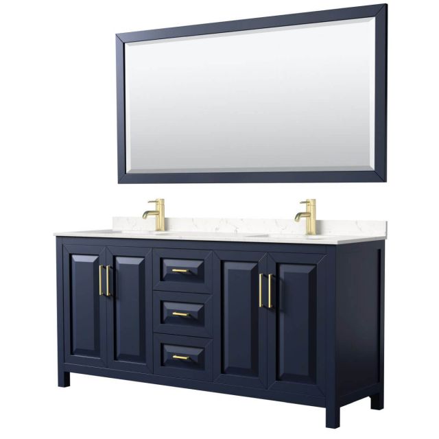 Wyndham Collection Daria 72 inch Double Bathroom Vanity in Dark Blue with Light-Vein Carrara Cultured Marble Countertop, Undermount Square Sinks and 70 inch Mirror - WCV252572DBLC2UNSM70
