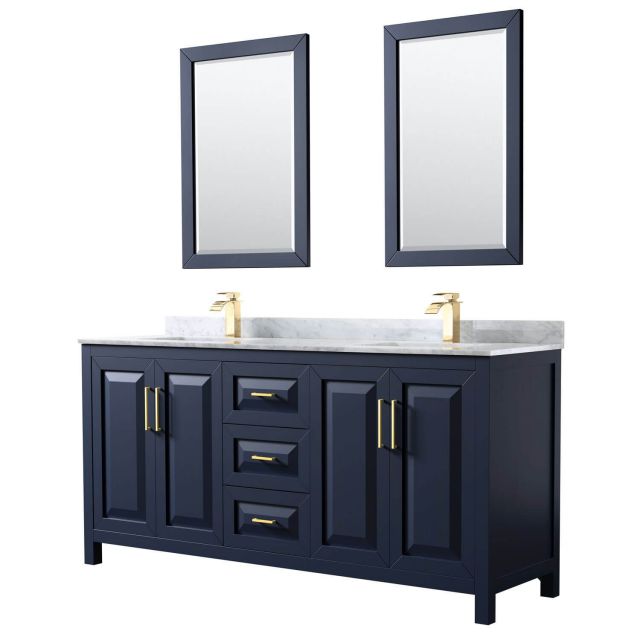 Wyndham Collection Daria 72 Inch Double Bath Vanity in Dark Blue with White Carrara Marble Countertop, Undermount Square Sinks and 24 Inch Mirrors - WCV252572DBLCMUNSM24