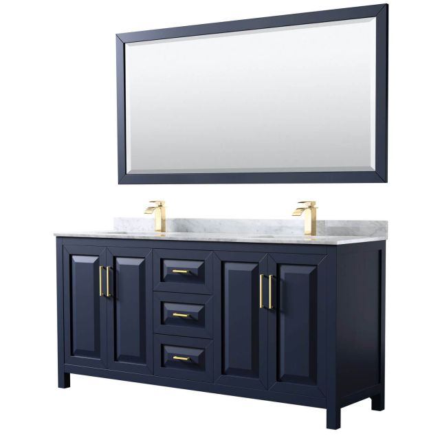 Wyndham Collection Daria 72 Inch Double Bath Vanity in Dark Blue with White Carrara Marble Countertop, Undermount Square Sinks and 70 Inch Mirror - WCV252572DBLCMUNSM70